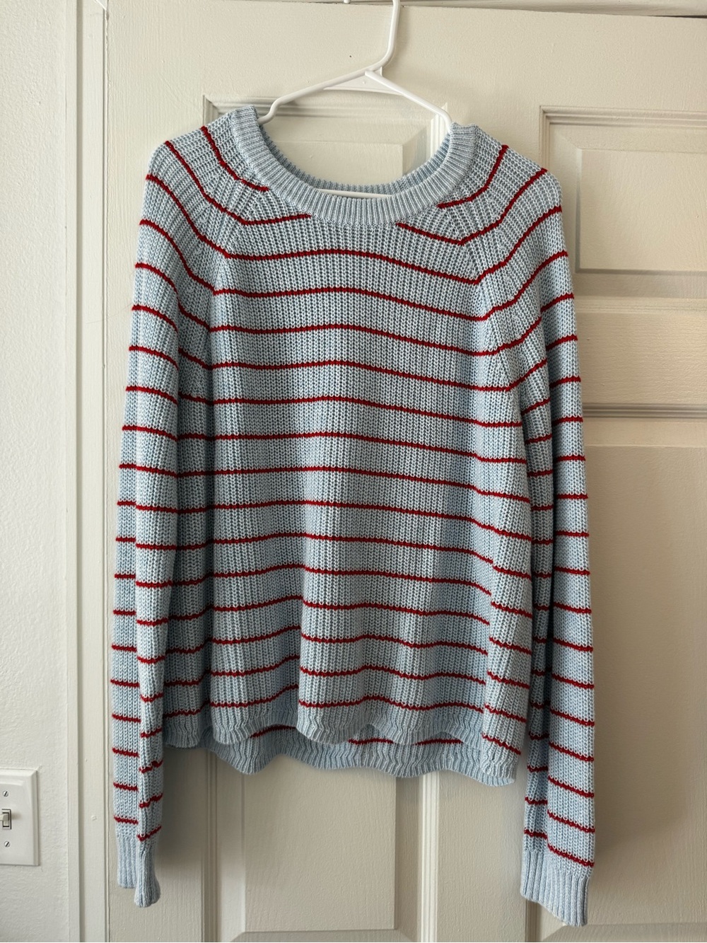 Autumn Cashmere Sky Blue Crewneck Sweater with Red Stripes